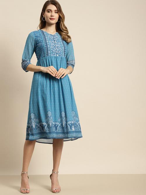 blue printed georgette a-line ethnic dress - 21338627 - Very Small Image - 1