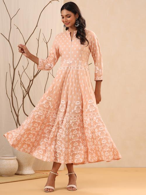 women paech mandarin neck fit& flare dress - 21338638 - Very Small Image - 1