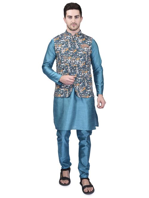 men silk blend kurta pyjama with jacket - 21340681 - Very Small Image - 1