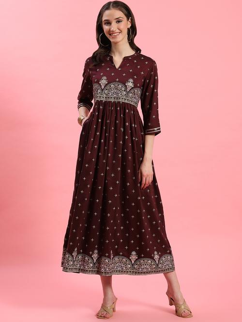 burgundy viscose fit & flare ethnic dress - 21341008 - Very Small Image - 1