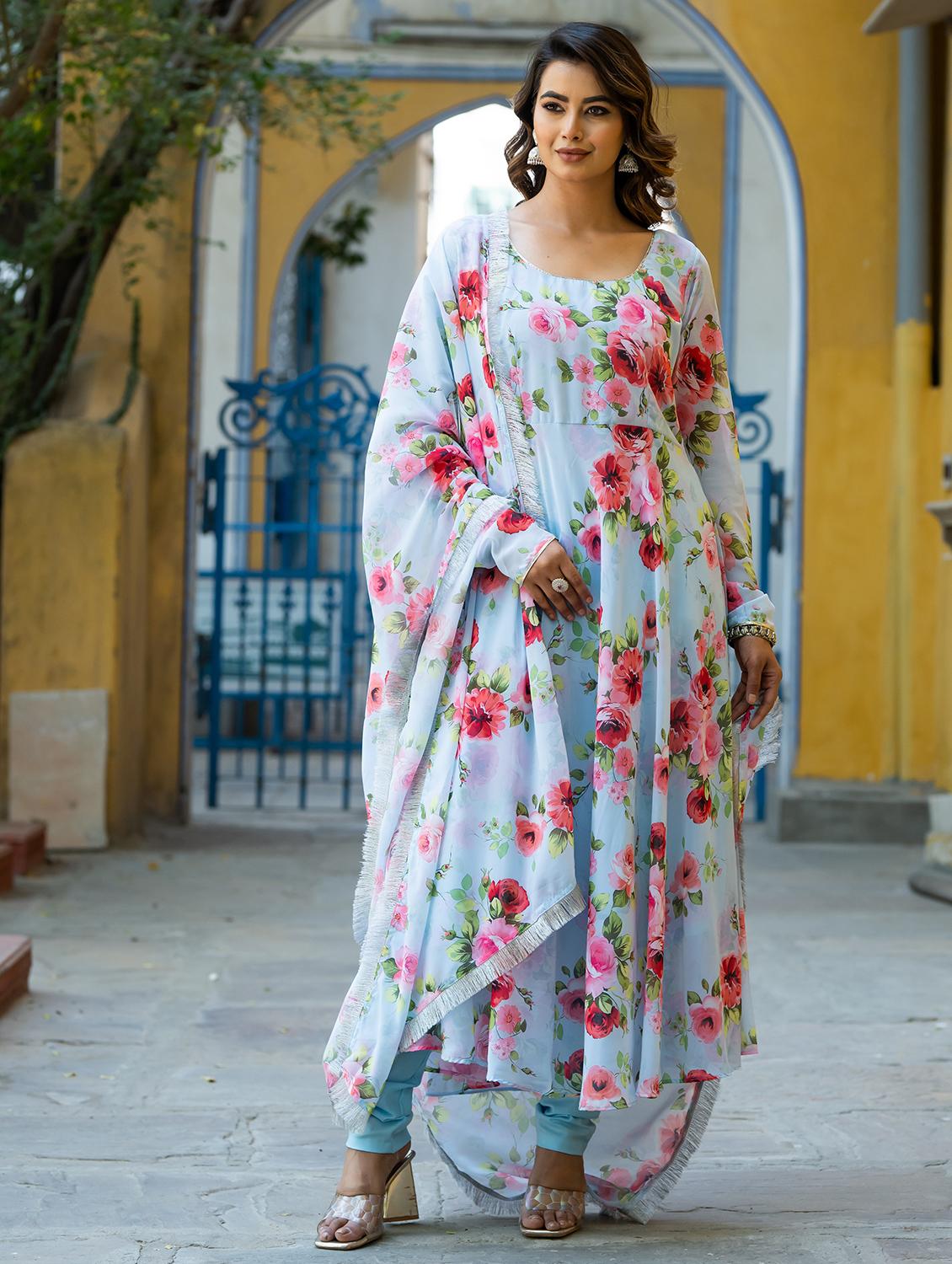women light blue floral printed kurta dupatta set - 21342212 - Standard Image - 2