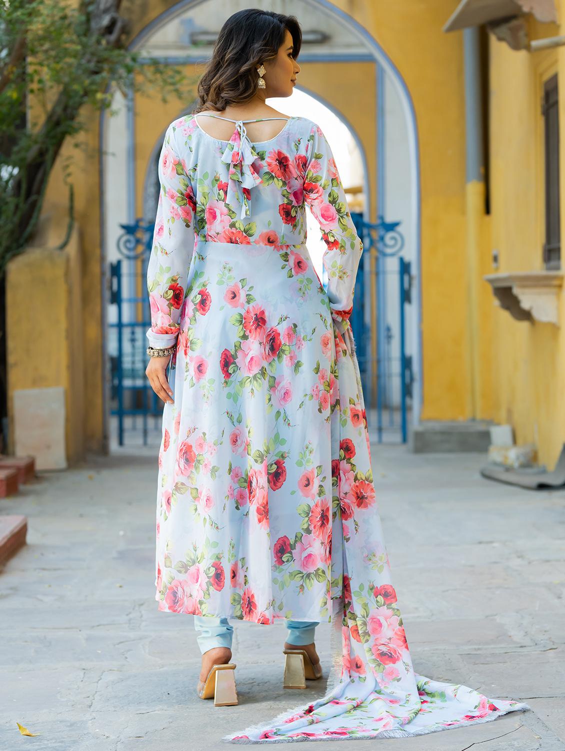 women light blue floral printed kurta dupatta set - 21342212 - Standard Image - 3