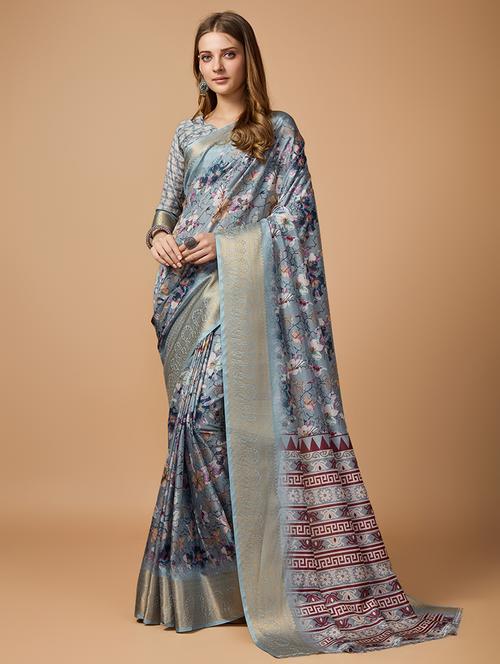 women floral printed bordered saree with blouse - 21345343 - Very Small Image - 1