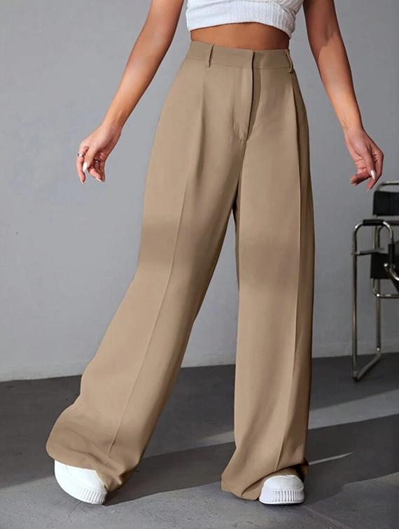 women mid-rise solid wide leg trouser - 21347663 - Standard Image - 2