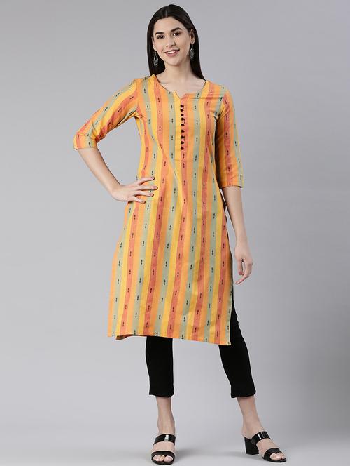 women yellow cotton blend straight kurta - 21347931 - Very Small Image - 1