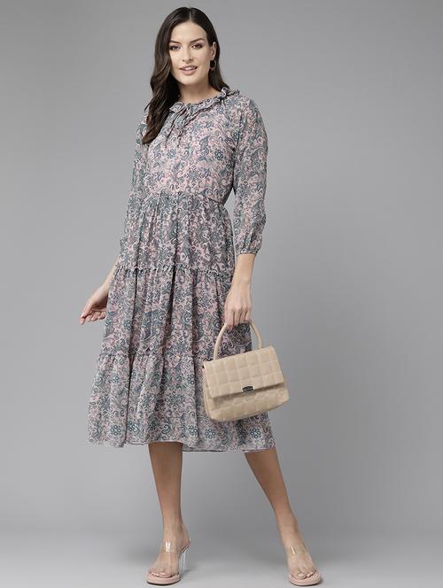 women printed georgette tiered dress - 21357374 - Very Small Image - 1