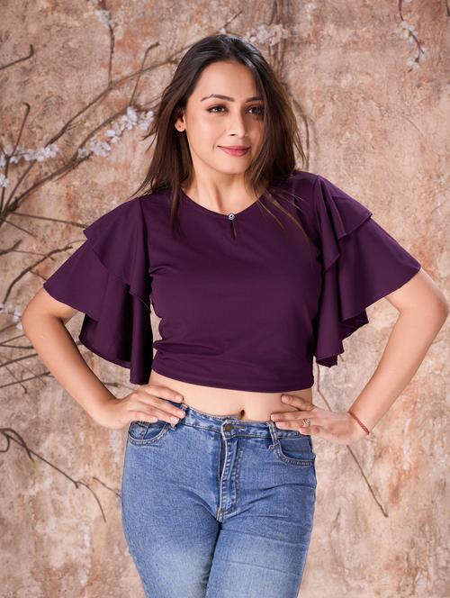 women solid flared sleeves crop top - 21360004 - Very Small Image - 1
