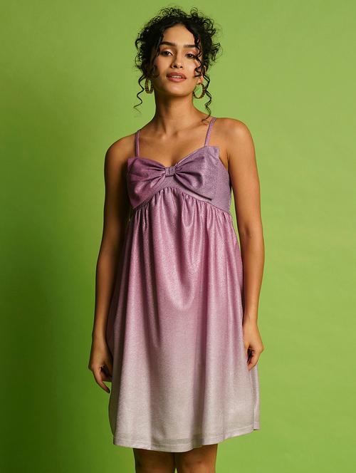 globus women purple shiny ombre sweetheart neck strappy shoulder smocked bow detail a-line party dress - 21366519 - Very Small Image - 1