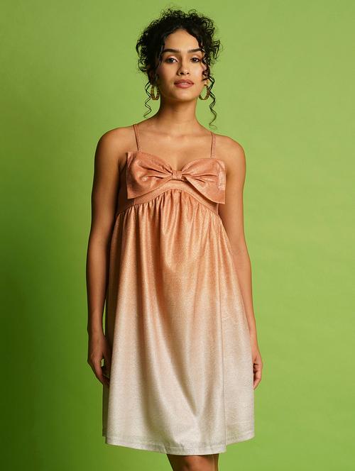 globus women orange shiny ombre sweetheart neck strappy shoulder smocked bow detail a-line party dress - 21366520 - Very Small Image - 1