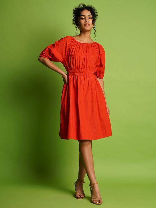 globus women orange puff sleeves gathered cut-outs waist knee length fit & flare dress - 21366524 - Very Small Image - 1