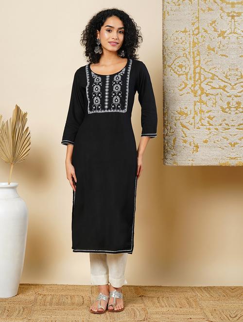 globus women black round neck embroidered yoke straight calf length kurta - 21366542 - Very Small Image - 1