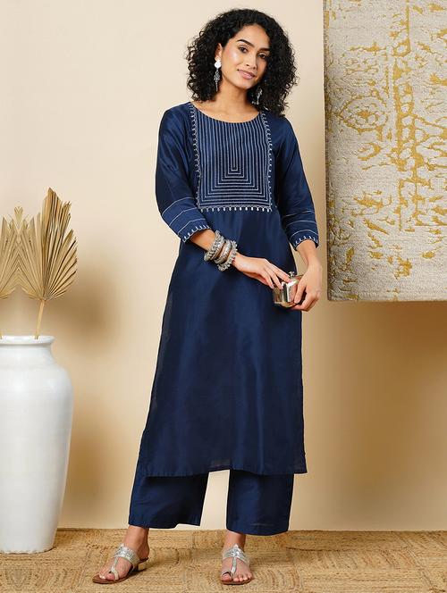 women teal round neck kurta palazzos set - 21366549 - Very Small Image - 1