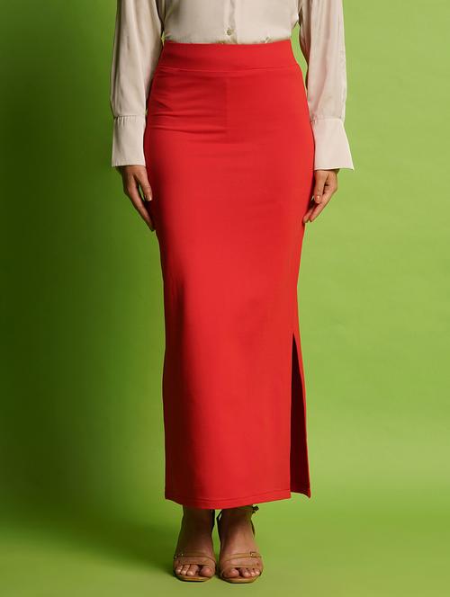 globus women red high-rise stretchable elasticated waistband knitted side slit maxi pencil skirt - 21366565 - Very Small Image - 1