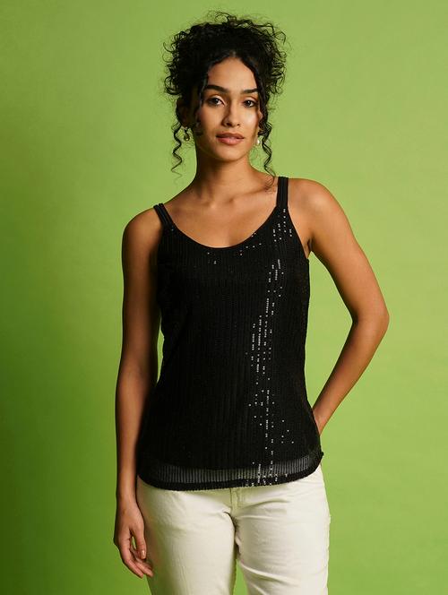 globus women black round neck strappy shoulder sequined striped party top - 21367418 - Very Small Image - 1