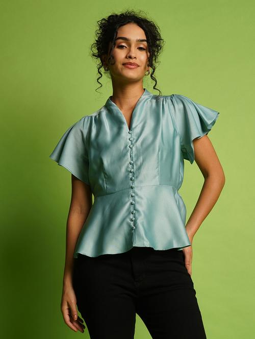 globus women blue v-neck flutter sleeve peplum top - 21367422 - Very Small Image - 1
