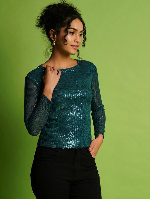 globus women teal embellished round neck sequined striped party top - 21367428 - Very Small Image - 1