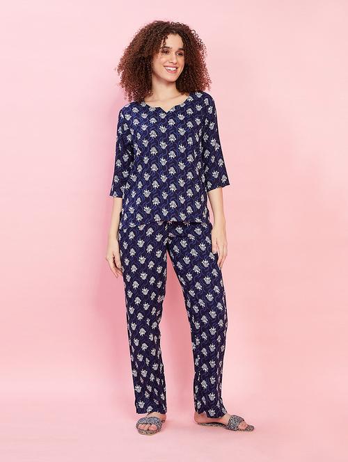 women navy blue printed pyjama nightwear set - 21368047 - Very Small Image - 1