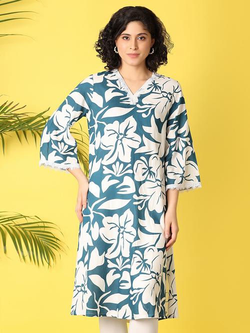women blue floral printed straight kurta - 21368290 - Very Small Image - 1