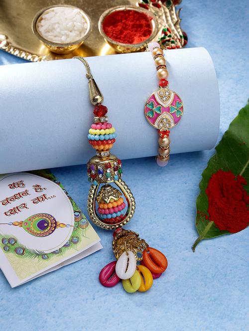 set of 2 stone-studded rakhi set with roli chawal - 21370166 - Very Small Image - 1