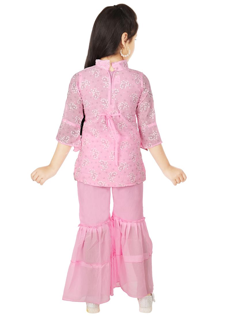 girls mandarin neck self-designed kurta sharara set - 21370216 - Standard Image - 2