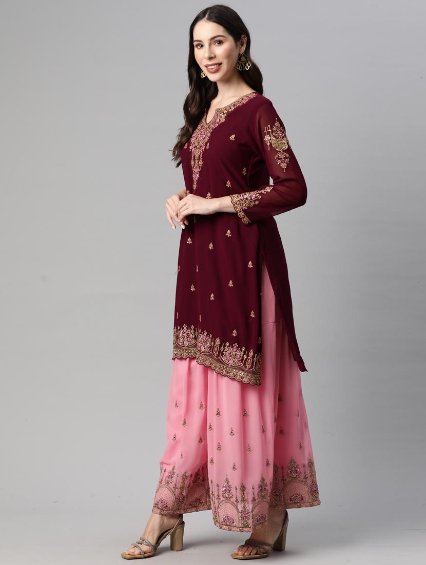 women maroon sharara suits semi-stitched suit - 21370517 - Zoom Image - 2