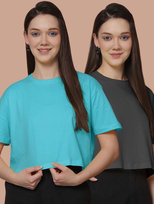women pack of 2 solid short sleeve crop t-shirt - 21370840 - Very Small Image - 1