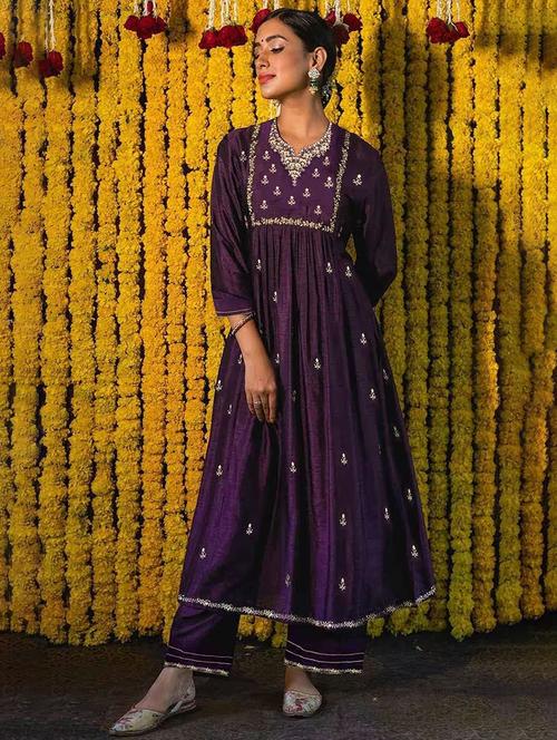 women purple notch neck kurta palazzo set  - 21371117 - Very Small Image - 1