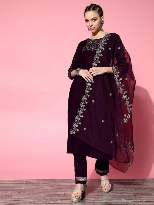 women purple round neck kurta pant set - 21371124 - Very Small Image - 1