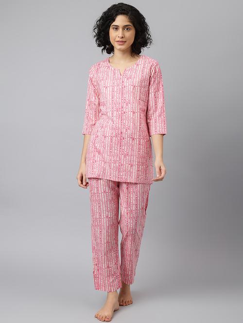 women notch neck printed pyjama nightwear set - 21371659 - Very Small Image - 1