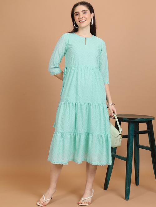 women sea green cotton blend tiered dress - 21376009 - Very Small Image - 1