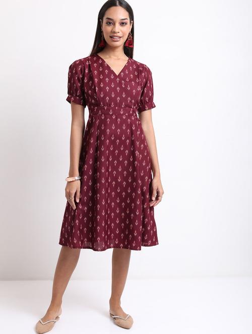 burgundy printed a-line dress - 21376016 - Very Small Image - 1