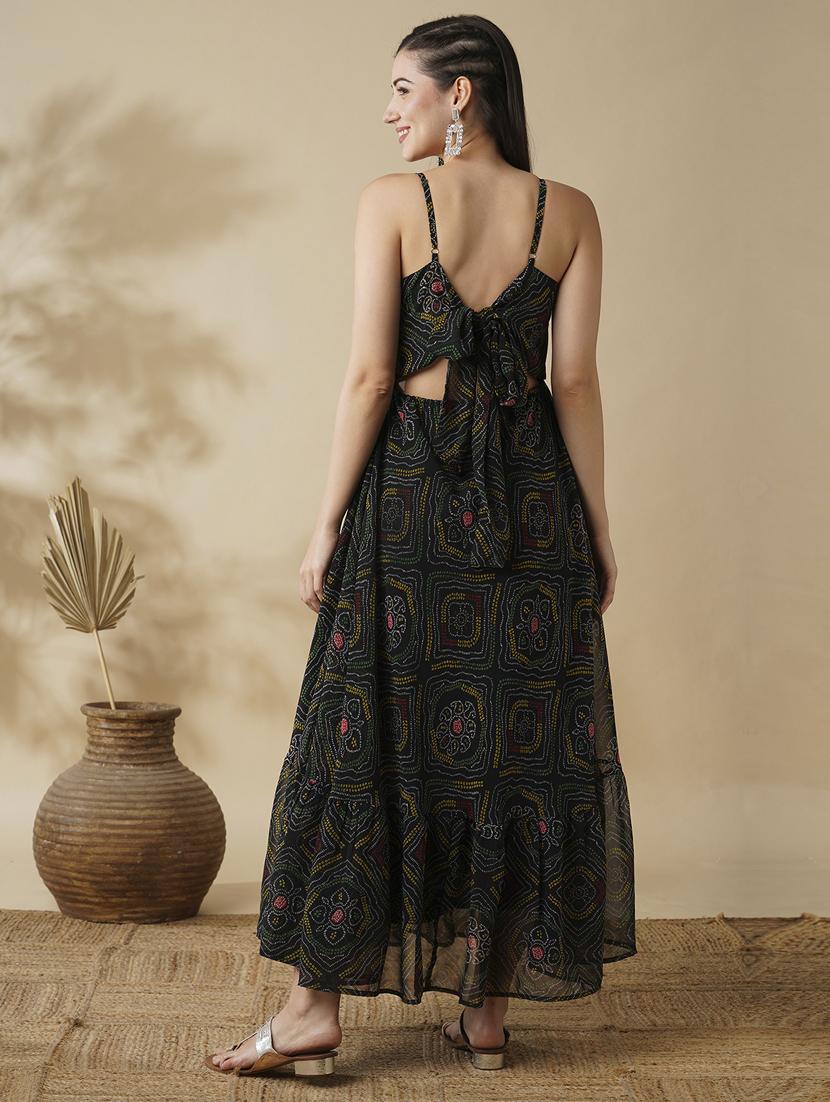 globus women black strappy shoulder bandhani print fit & flare dress maxi dress - 21378946 - Standard Image - 2