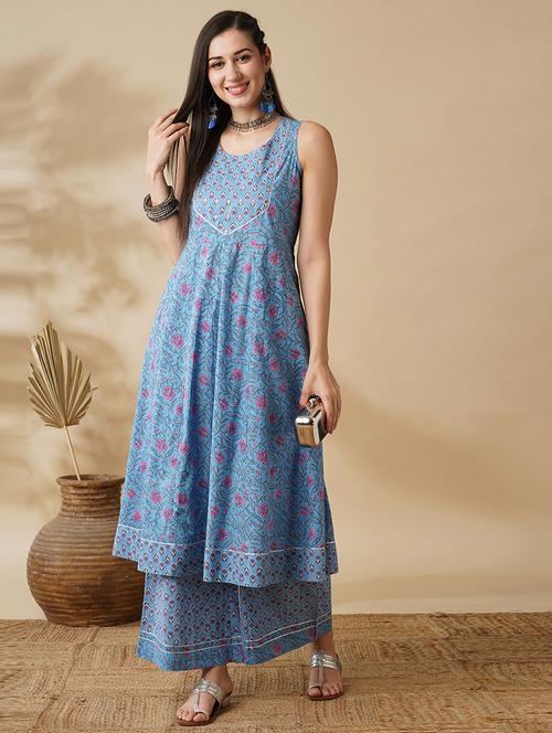 globus women blue floral yoke design panelled a-line kurta & printed palazzos set - 21378950 - Very Small Image - 1