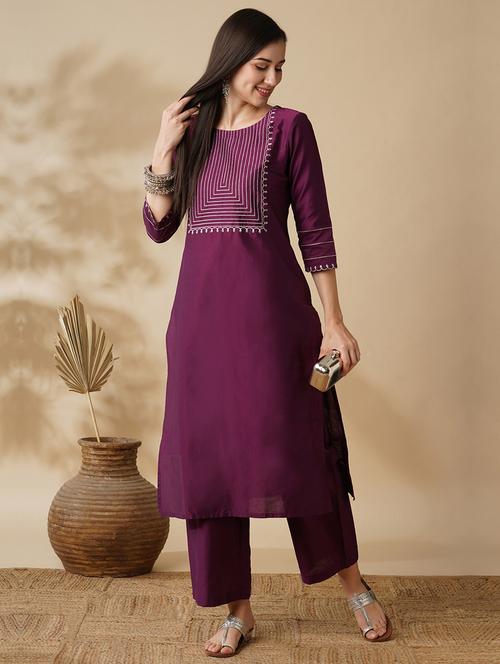 globus women purple round neck embroidered yoke straight calf length kurta & trouser set - 21378957 - Very Small Image - 1