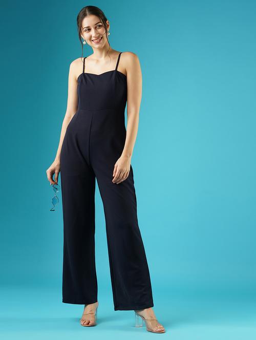 globus women navy blue sweetheart neck ajustable strappy shoulder jumpsuit - 21379002 - Very Small Image - 1