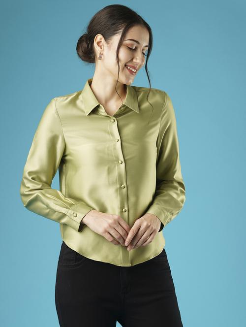 globus women green solid satin collar shirt style party top - 21379008 - Very Small Image - 1