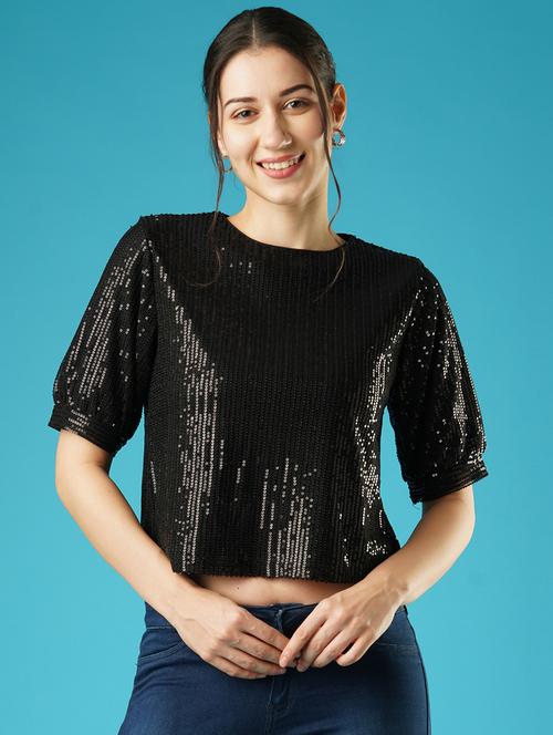 globus women black sequined striped puff sleeves party top - 21379009 - Very Small Image - 1