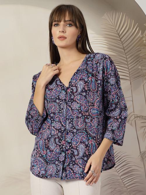 women navy blue cotton regular top - 21382370 - Very Small Image - 1