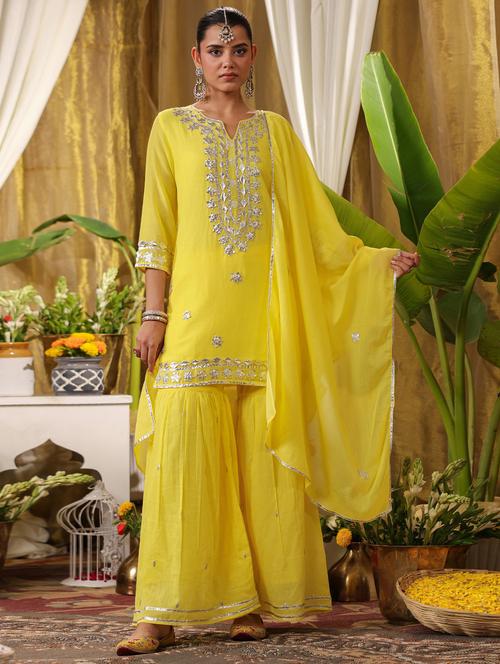 women yellow gotta patti kurta sharara set - 21382607 - Very Small Image - 1
