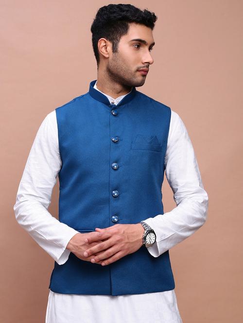 Turquoise Solid Cotton Nehru Jacket - 21383280 - Very Small Image - 1
