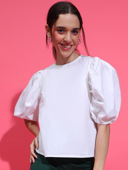 women white solids puff sleeves top - 21385001 - Very Small Image - 1