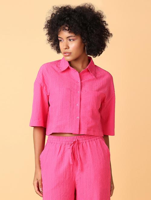 women pink solid short sleeve crop shirt - 21385474 - Very Small Image - 1