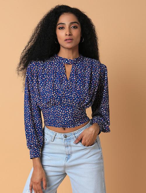 navy blue abstract printed crop top - 21387516 - Very Small Image - 1