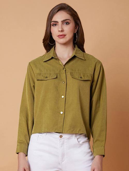 women olive denim solids oversized shirt - 21387606 - Very Small Image - 1