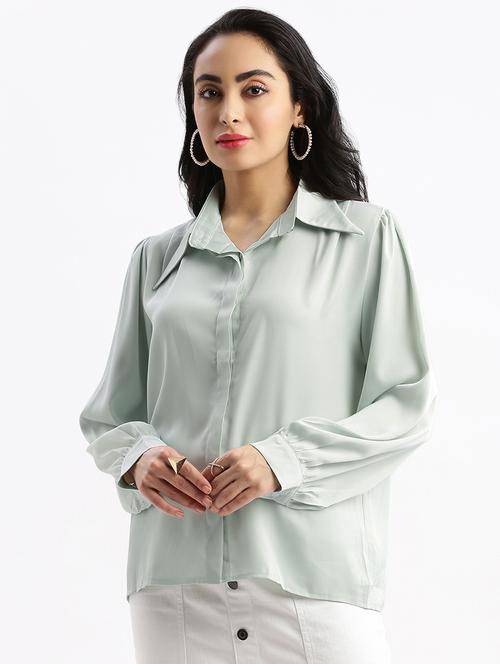 sea green solid satin boxy shirt - 21387613 - Very Small Image - 1