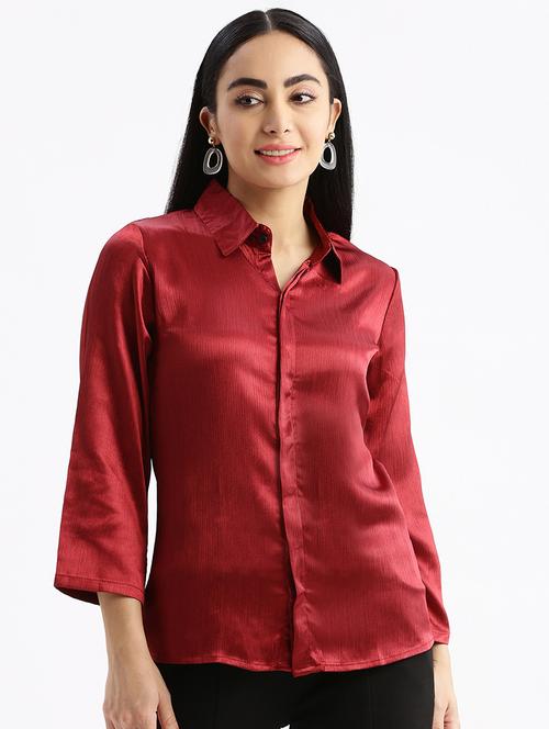 maroon solid satin regular shirt - 21387627 - Very Small Image - 1