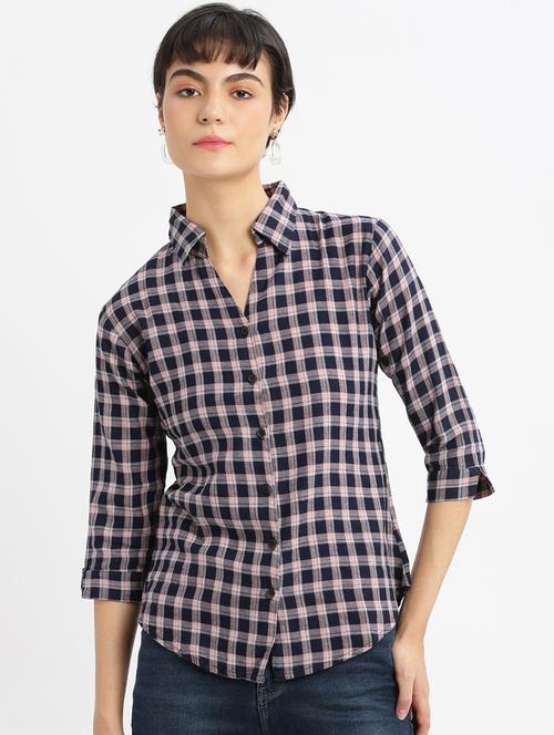 navy blue checks regular shirt - 21387646 - Very Small Image - 1