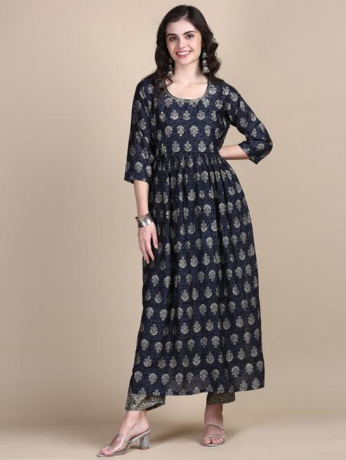 women navy blue printed round neck kurta pant set - 21387722 - Very Small Image - 1