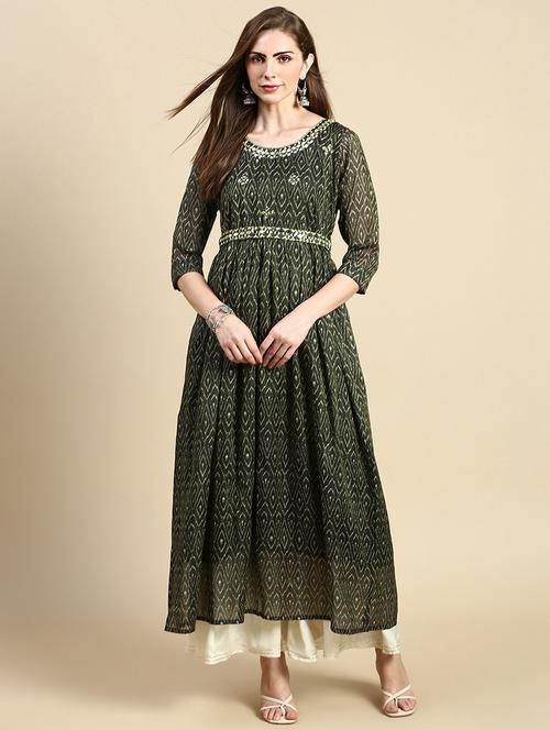 Women Three Quarter Sleeve Flared Kurta - 21387757 - Very Small Image - 1