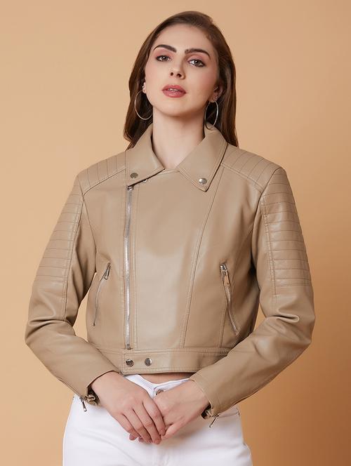 women beige solid biker jacket - 21387796 - Very Small Image - 1